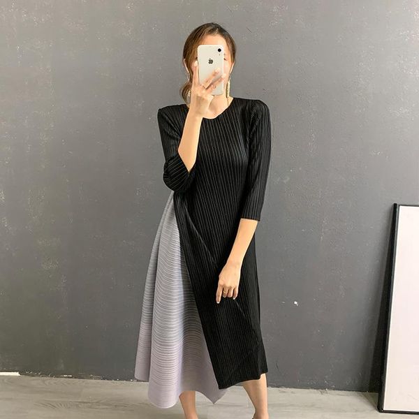 

casual dresses changpleat miyak pleated fashion woman dress o-neck 3/4 sleeve loose irregular color matching, Black;gray