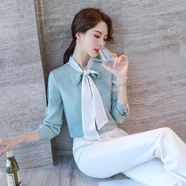 

green shirt female mint design sense niche spring and autumn long sleeve fashion foreign style bow tie chiffon women's blouses & shirts, White