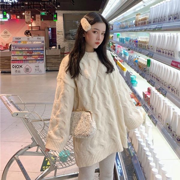 

women's sweaters werueruyu fashion knitted long sleeve sweater loose winter clothes women mid-length pullovers, White;black