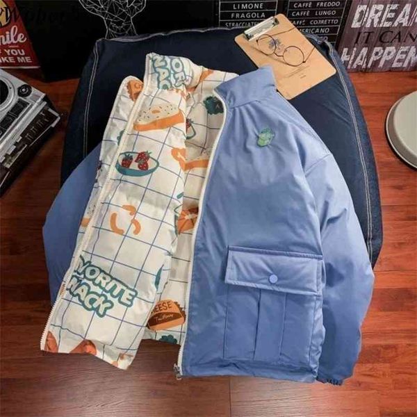 

reversible parka women harajuku winter jackets cartoon print padded coat vintage loose wadded jacket mujer chaqueta 210519, Black
