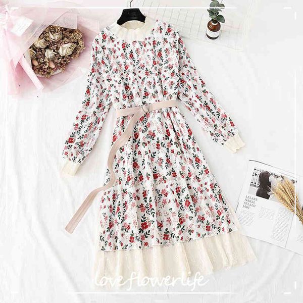 

women dress spring autumn vintage floral print pleated chiffon dresses elegant ruffle women party long sleeve dress vestido 210521, Black;gray