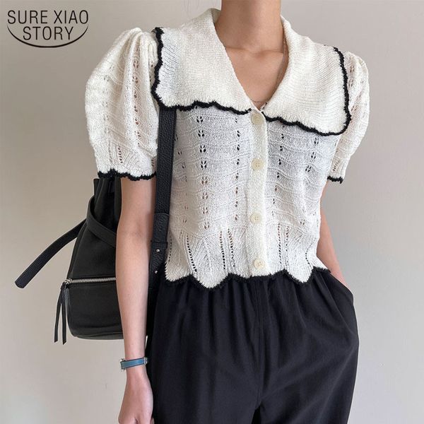 Sommer Aushöhlen Spitze Stricken Shirts Frauen Puff Kurzarm Peter Pan Kragen Frau Blusen Tops Koreanische Mode Kleidung 14254 210508