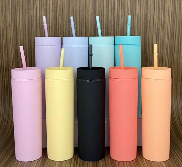 Grande desconto 300 pcs 16oz taça fosca tumbler skinny plástico tumbler acrílico com tampa palha 500ml beber parede dupla parede preto matte magrinha copo