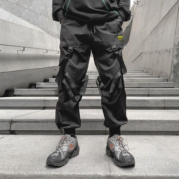 

men ribbons streetwear cargo pants 2021 autumn hip hop joggers overalls black fashions baggy pockets trousers drop men's