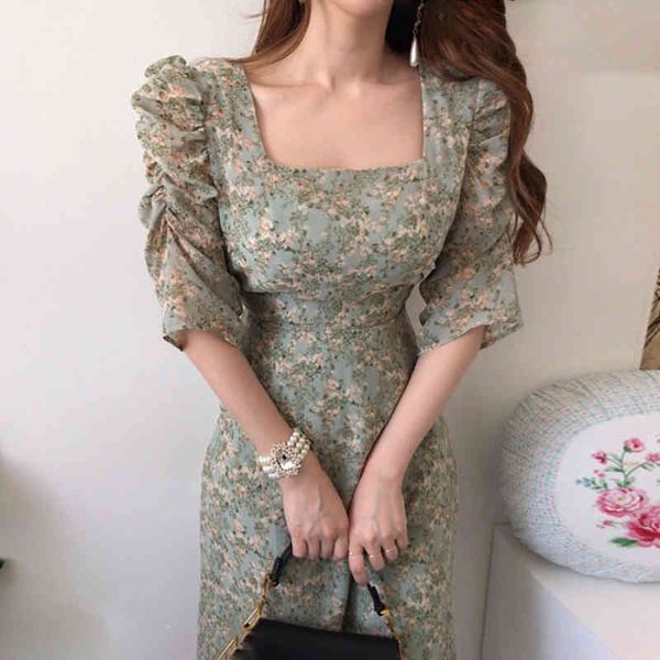 

korean chic gentle temperament square neck floral dress summer modern lady dresses vintage robe 16w654 210510, Black;gray