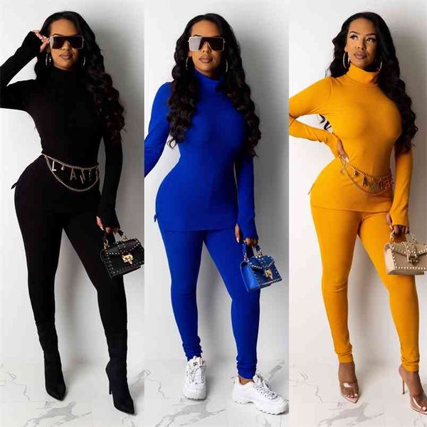 

casual autumn women two piece set tracksuits turtleneck long sleeve and bodycon pants matching suits outfits for female 210517, White