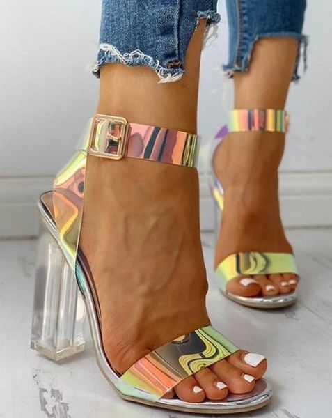 

sandals 2021 summer women's ankle buckled transparent chunky heeled heels women elegant atmosphere woman shoes 5ke182, Black