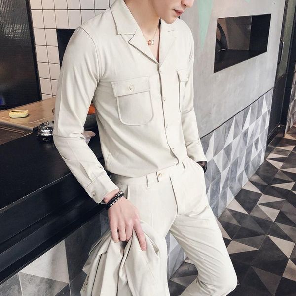 

men's suits & blazers cuban collar shirt and pant for men black beige blue formal business suit retro 2 pieces set slim fit cargo, White;black
