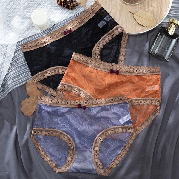 

women's panties large size lace ladies comfortable seamless bowknot mesh summer soft mid waist briefs, Black;pink