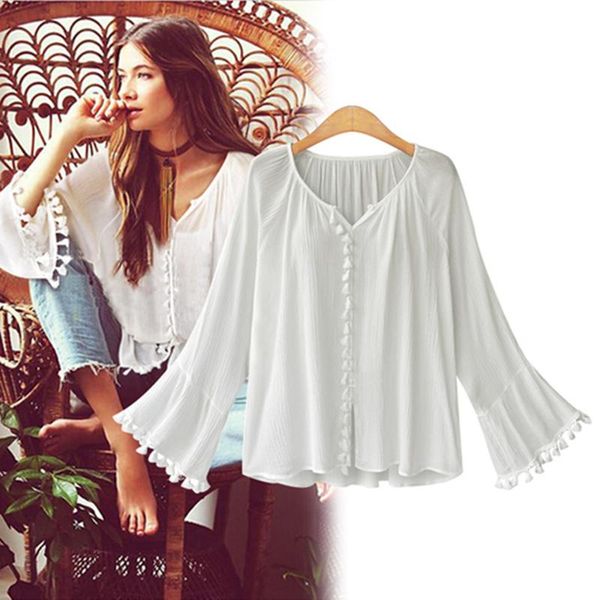 

women's blouses & shirts flare bell sleeve tassel beach with linen women boho v neck lace up white blusas plus size xxxl 2021