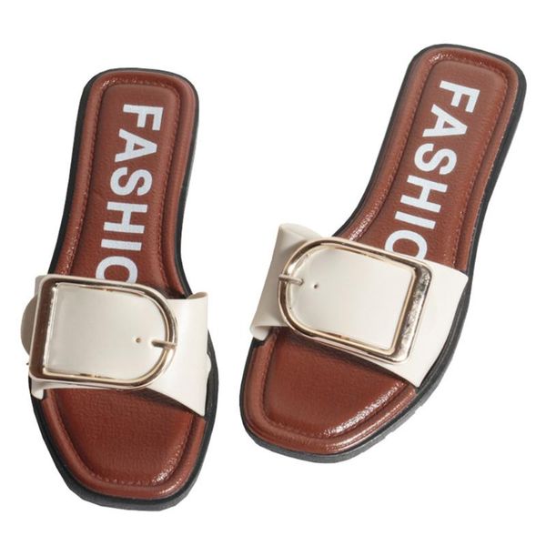 

summer lady's square head buckle pattern flat sandals adjustable casual fashion female beach shopping flip flops slippers, Black