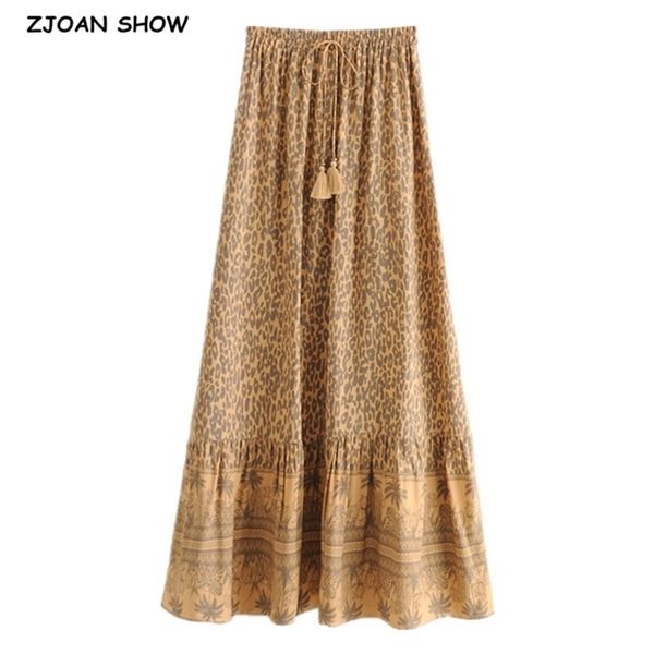 

bohemia leopard print long skirt spliced ruched ruffle hem hippie women tassel tie bow swing skirts holiday beach 210429, Black