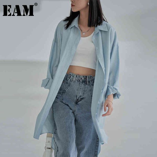 

[eam] women blue long big size casual blouse lapel long sleeve loose fit shirt fashion spring summer 1dd8754 21512, White