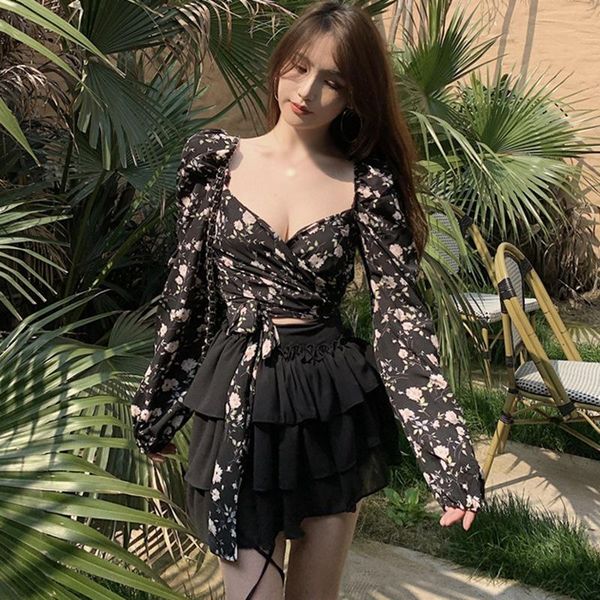 

women's blouses & shirts 2021 women long sleeve spring autumn square neck floral print short blouse for female, White