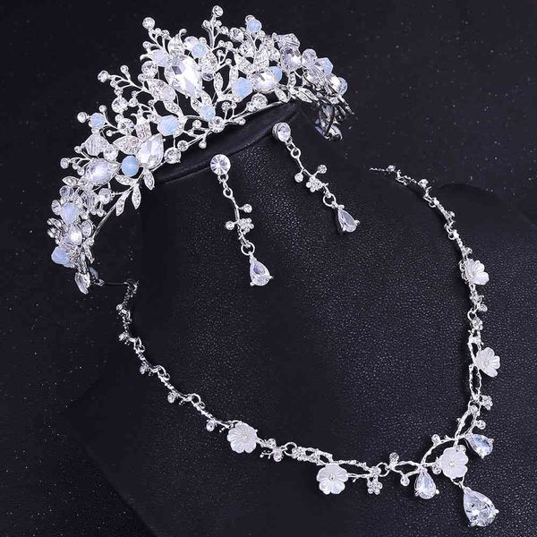 

jewelry set korean wedding suit baroque handmade crown flower zircon bride necklace earrings three piece, Slivery;golden