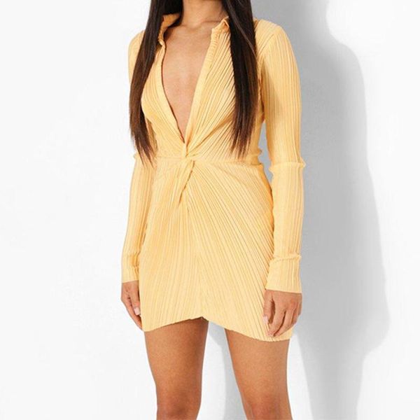 

casual dresses 2021 summer neck dress deep v-neck solid color long-sleeved pleated stitching tight party slim fit elegant, Black;gray