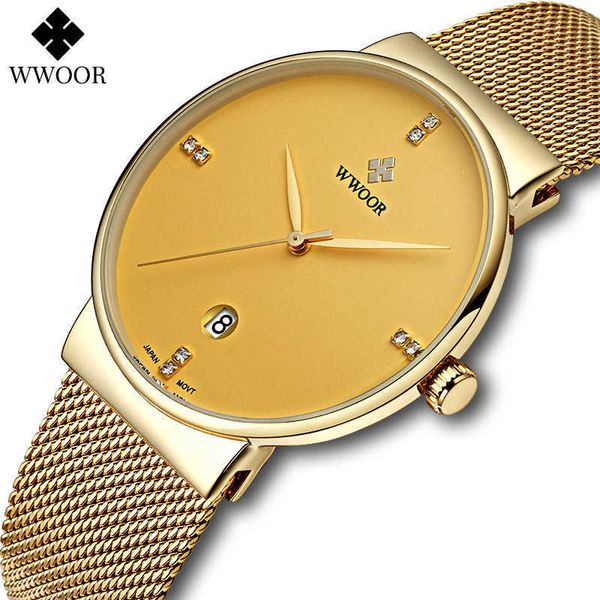 

wwoor luxury sports gold watches men simple ultra thin quartz waterproof date mesh steel golden wristwatch relogio masculino 210527, Slivery;brown