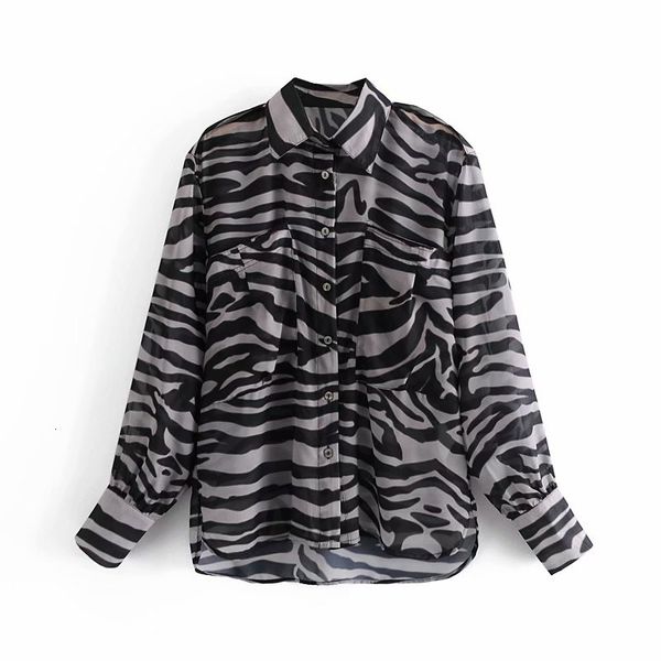 

tees shinysweety 2021 spring fashions loose pattern zebra seethrough shirt ladies button vintage blouse, White