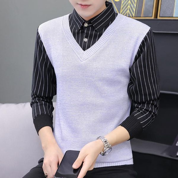 

men's sweaters 2021 fashion sweater shirt collar fake two pieces youth trend pullover, White;black