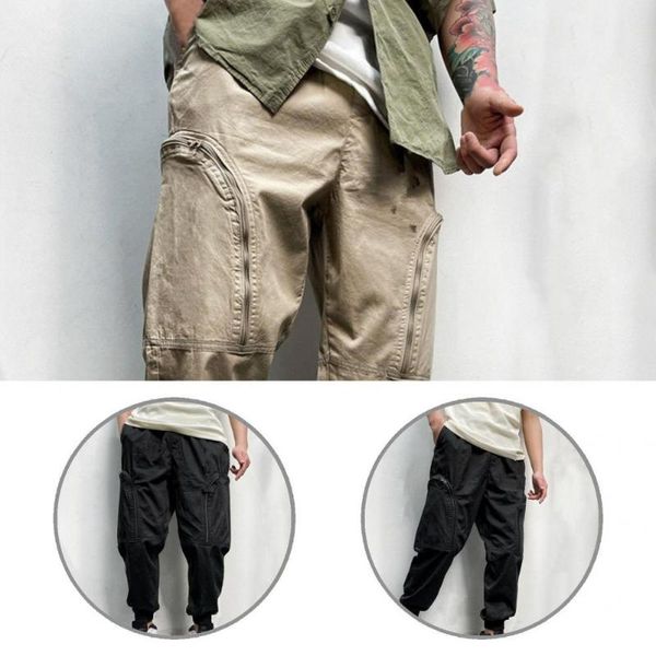 

men's pants long stylish solid color men trousers elastic waist cargo for spring, Black