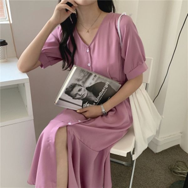 3 Farben Sommerkleid koreanischer Stil lose Bodenfarbe Kurzarm Fisch langes Kleid Damen Maxikleider für Frauen (B8968) 210423