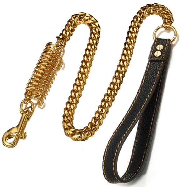 39 15mm Strong Safety Collare anti-smarrimento Guinzaglio per cani Catena Cuban Curb Link StainlSteel Gold Tone W / Leather Handle Strong Lead X0509