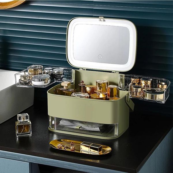 

cosmetic storage box with mirror led light make up jewelry organizer case waterproof dustproof large capacity boxes & bins