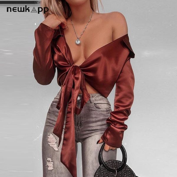 

women's blouses & shirts solid color club satin blouse women long sleeve bow lace up silk woman streetwear, White