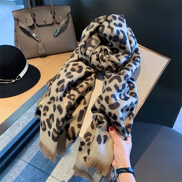 

Korean fashion imitation cashmere scarf Bib versatile shawl warm double-sided leopard fur Fringe Scarf women's winter, Blue;black