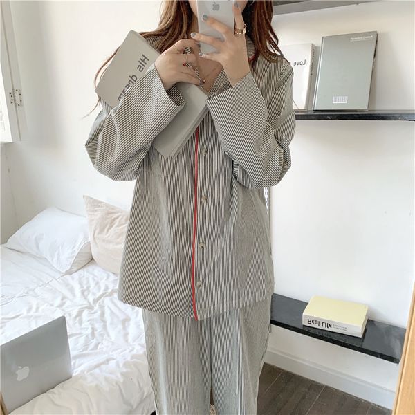 

sleepwear two pieces suit cardigans striped cotton nightwear sweet soft casual homewear loose fashion pajamas sets, Black;red