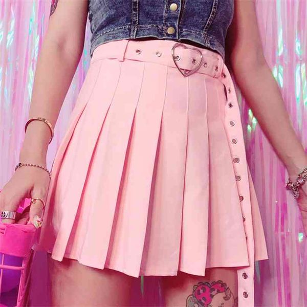 Harajuku Punk Estilo Harajuku Coração Forma Cinto Plissado Saia Mulheres Meninas Branco Rosa Preto Cintura Alta Mini S Sexy Fashion Sashes 210629