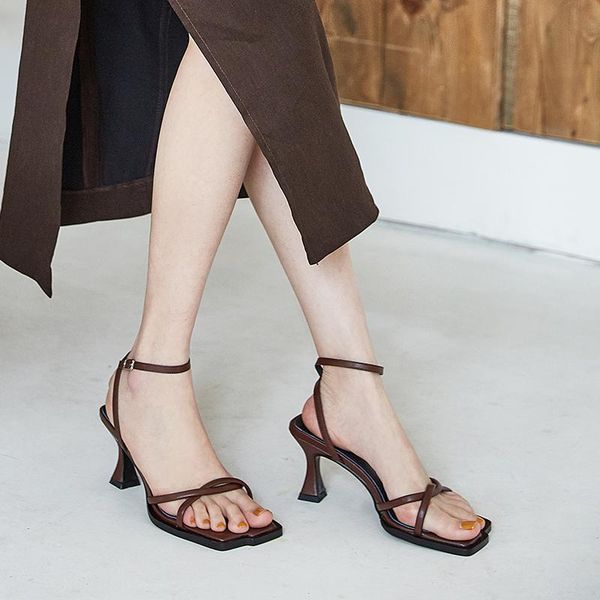 

dress shoes women sandals genuine leather solid color ankle buckle summer square high heel metal fashion ladies, Black