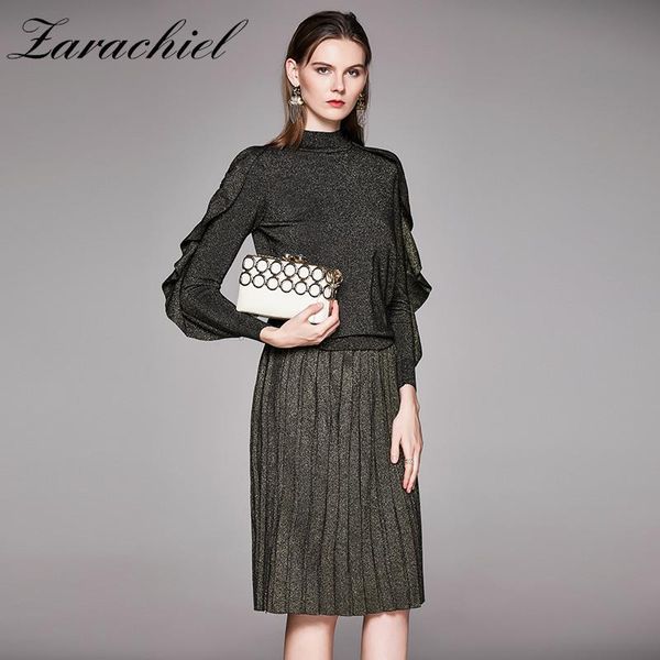 

two piece dress 2021 autumn winter army green shining knitted 2 set women ruffles long sleeve pullover + pleated knit midi skirt suit, White