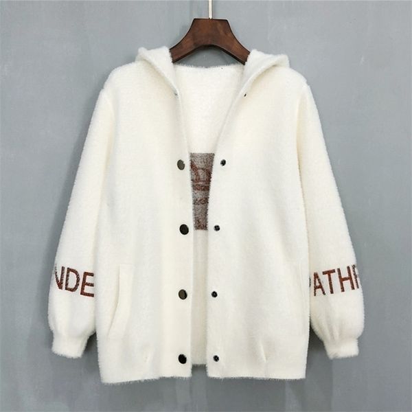 

women's imitation mink velvet coat autumn and winter loose letter embroidery fur collar cardigan female hooded knitted m248 211103, White;black