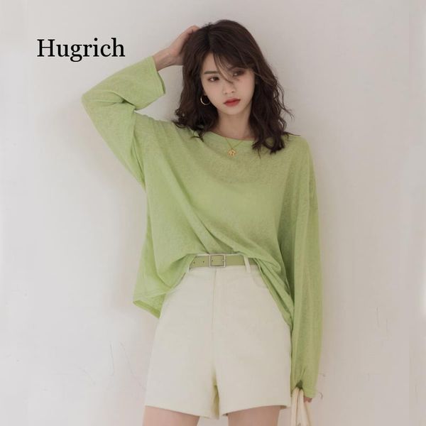 

summer korean style round neck solid color versatile thin knitted sunscreen clothes loose lazy long sleeve t-shirt women's, White