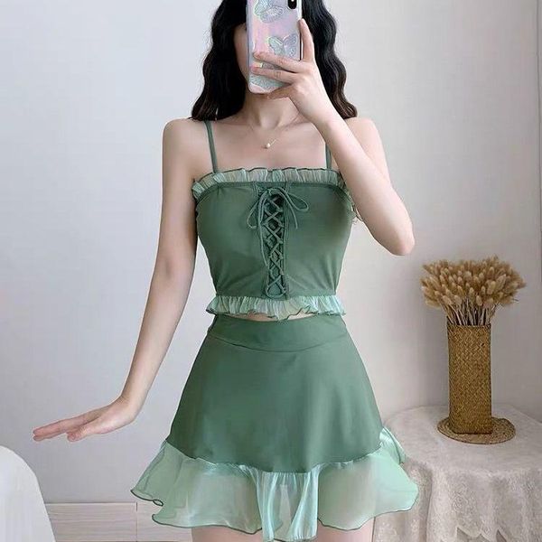 

one-piece suits 2021 korean women swimwear strappy bikini two piece swimsuit ruffle solid slim push up biquini