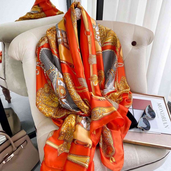 

70% off design scarf new satin decorative air conditioning shawl imitation silk spring summer 2021 versatile printed sunscreen plain long to, Black;purple