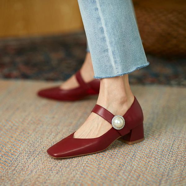 

dress shoes 2021 mary janes women chunky high heels spring summer ladies buckle strap heeled woman natural leather pumps, Black