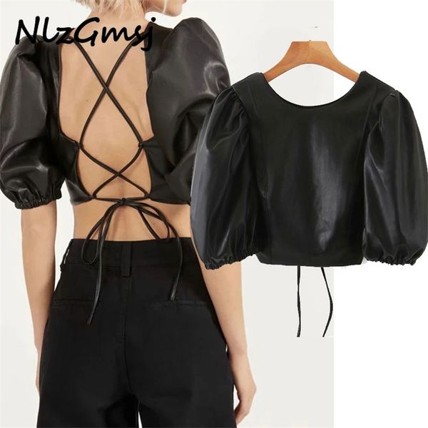 

women pu leather crop shirt backless half sleeve chic female short 210628, White