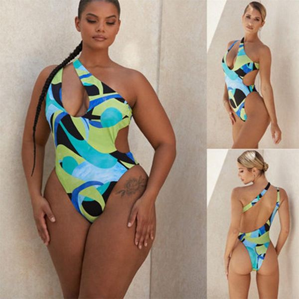 

women's swimwear 2021 one pieces print bikinis fashion hollow out shoulder female swimsuit beach plus size backless, White;black
