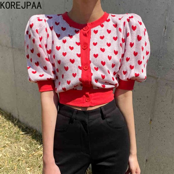 

women sweater summer korean chic girl sweet age reducing love embroidery single-breasted puff sleeve knit cardigan 210514, White
