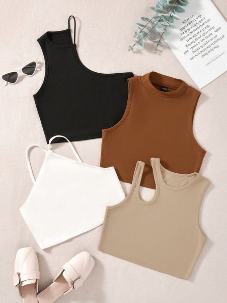

4pcs cut out asymmetrical neck ribbed knit tank h70f#, White