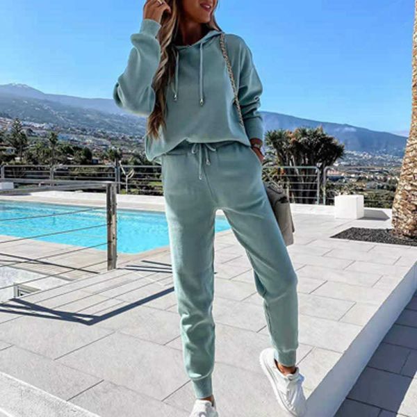 

women sports hooded two piece sets fashion drawstring long sleeve sweatshirt + pencil pant suit autumn winter casual outfits 210930, White
