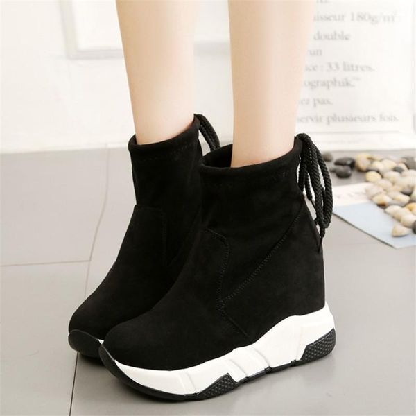 

boots 2021 women ankle platforms shoes woman high heels inside height increasing faux suede lace up sneakers 35-39, Black