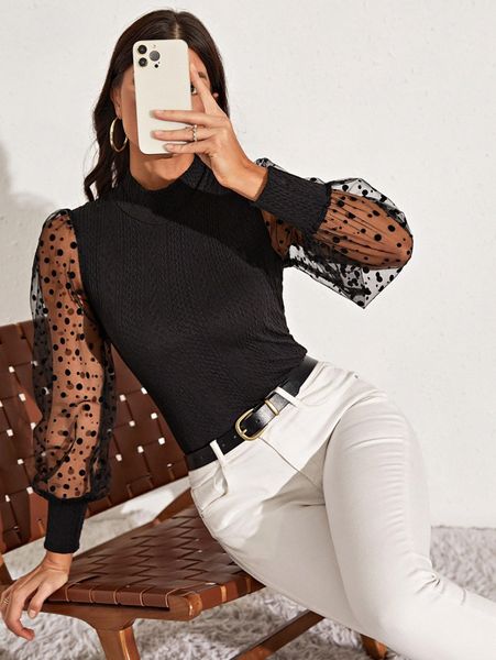 

mock neck polka dot sheer mesh lantern sleeve 44kr#, White