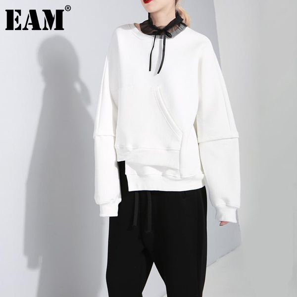 

[eam] loose fit irregular pocket white sweatshirt round neck long sleeve women fashion tide spring autumn 2021 1dd5125 women's hoodies, Black