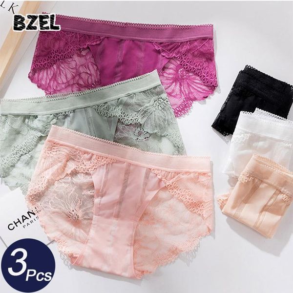 

women's panties bzel 3pcs/lot fashion hollow out lace set breathable panty low waist female soft comfort lingerie briefs, Black;pink