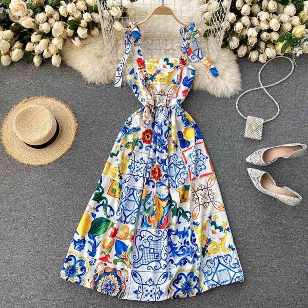 

dresses fashion runway summer women's bow spaghetti strap backless blue and white porcelain floral print long, Black;gray