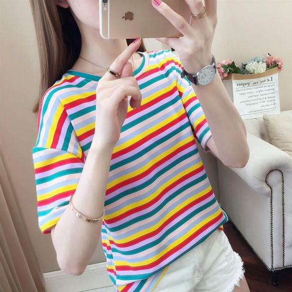 

women's t-shirt korean women shirts stripe kawaii o-neck students t-shirts summer harajuku loose clothing casual t shirt l0416, White