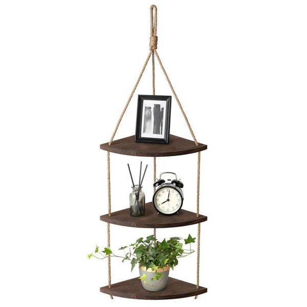 

hooks & rails retro hanging rack corner shelf displays storage jute rope wood wall floating shelves decoration